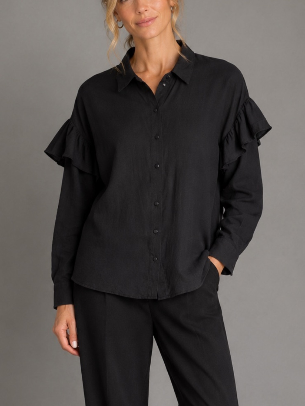Stelen Long Sleeve Button Down Blouse Sz S Black Ruffle Shoulder Romantic Gothic